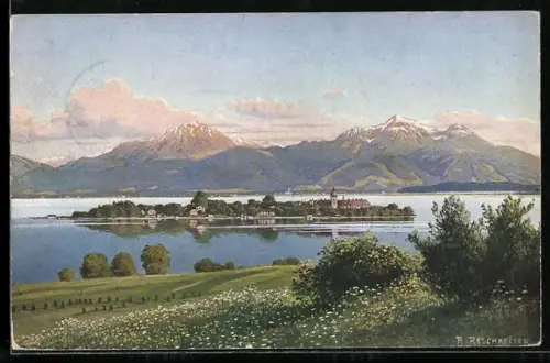 Künstler-AK Rudolf Reschreiter: Fraueninsel im Chiemsee, Panorama im Frühling