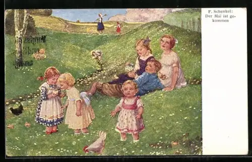 Künstler-AK Franziska Schenkel: Der Mai ist gekommen, Kinder auf einer blühenden Wiese