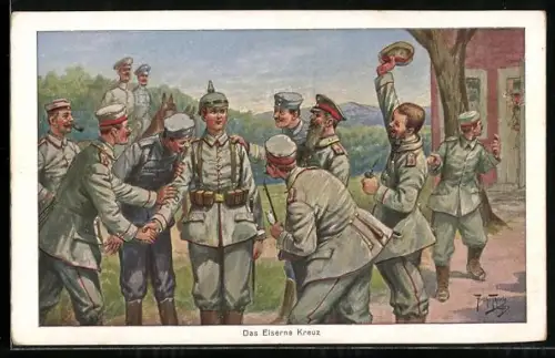 Künstler-AK Arthur Thiele: Das Eiserne Kreuz, Soldat präsentiert stolz das Kreuz seinen Kameraden