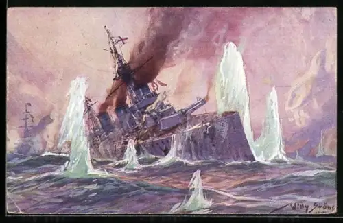 Künstler-AK Willy Stoewer: Englischer Schlachtkreuzer im Salvenfeuer deutscher Kriegsschiffe, Seeschlacht 24.1.1915