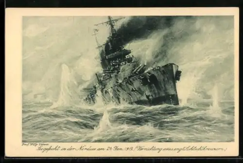 Künstler-AK Stoewer: englischer Schlachtkreuzer wird bei Gefecht vernichtet