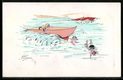 Künstler-AK Jack Number: Motorboot fährt über Schwimmer hinweg