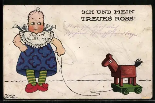 Künstler-AK Dora Heckel: Kind mit seinem Spielzeugpferd