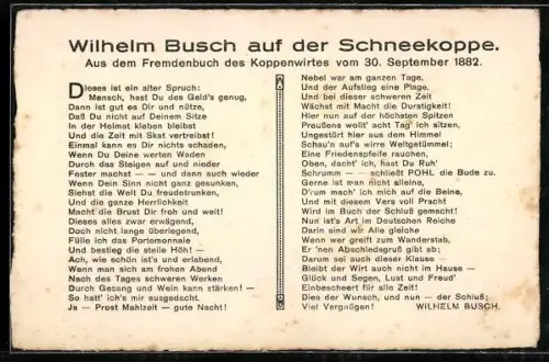 Künstler-AK Wilhelm Busch: Gedicht Wilhelm Busch auf der Schneekoppe aus dem Fremdenbuch des Koppenwirtes