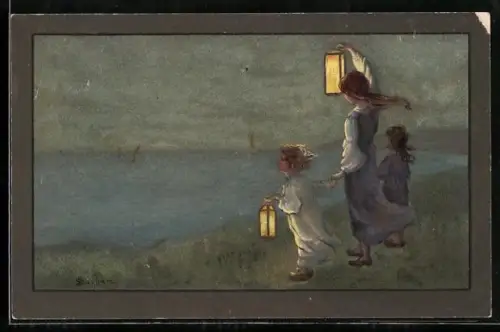 Künstler-AK S. Barham: Mutter und Kinder stehen mit Laternen am Meer