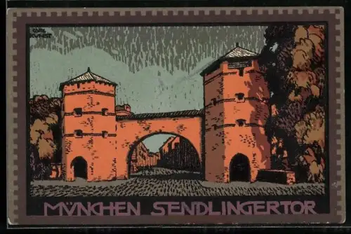 Künstler-AK Carl Kunst: München, Sendlingertor im Abendrot