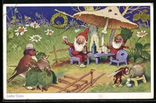 Künstler-AK F.Baumgarten: Zwerge kneipen unter einem Pilz, Biene zapft Bier, Vögel bei der Hochzeitsreise