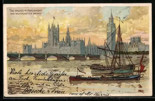Künstler-AK Carl Schmidt: London, The Houses of Parliament and Westminster Bridge