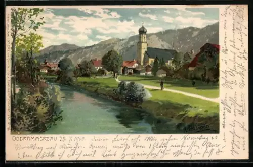 Künstler-Lithographie Zeno Diemer: Oberammergau, Blick zum Ort