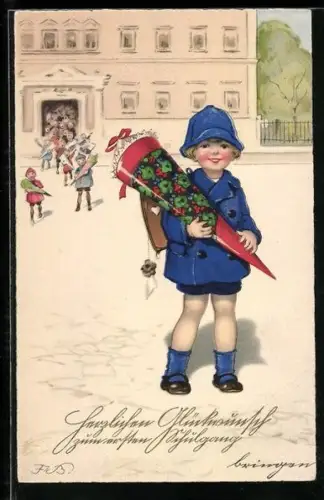 Künstler-AK Fritz Baumgarten: Kind mit Schultüte auf dem Schulhof