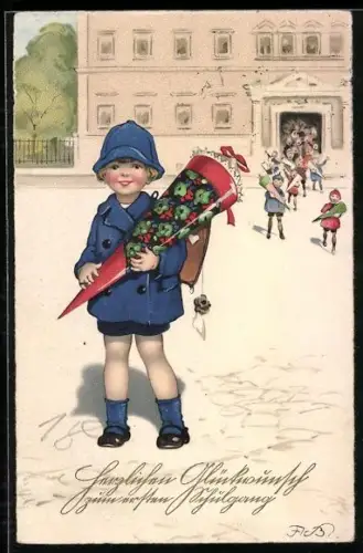 Künstler-AK Fritz Baumgarten: Kind mit Schultüte auf dem Schulhof