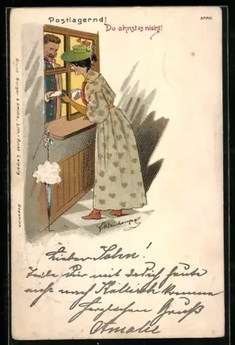 Künstler-Lithographie Erich Kleinhempel: Bruno Bürger & Ottillie Nr. 711, Postlagernd! Du ahnst es nicht!