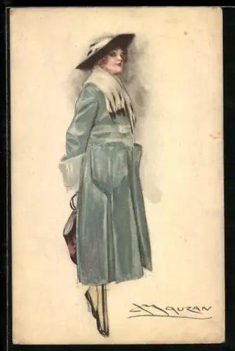 Künstler-AK Mauzan: Frau stehend im blauen Mantel mit einem Hut