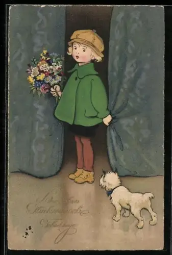 Künstler-AK F. Baumgarten: Mädchen mit Blumenstrauss und weissem Terrier