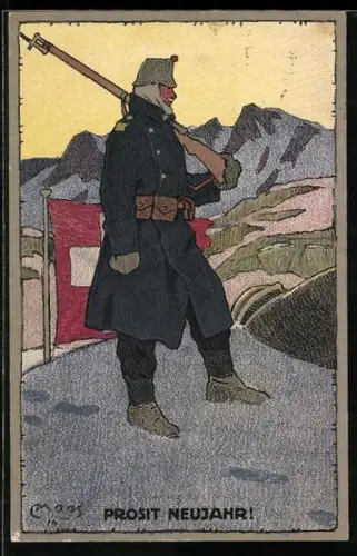 Künstler-AK Carl Moos: Schweizer Soldat in Uniform mit Gewehr