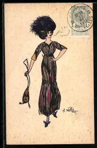 Künstler-AK Charles Naillod: Dame im gestreiften Kostüm mit Handtasche