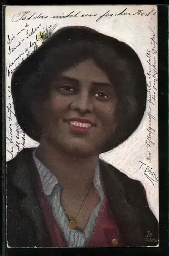 Künstler-AK T. Bianco, Serie Knabenköpfe No. 388 B.: Dunkelhäutiger Knabe mit Hut