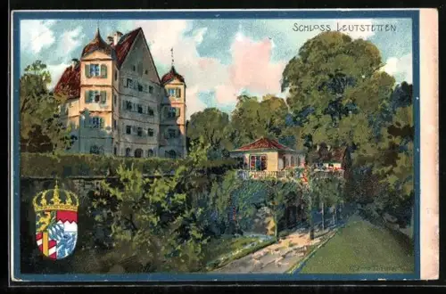 Künstler-AK Zeno Diemer: Leutstetten, Ansicht vom Schloss, Stadtwappen