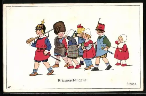 Künstler-AK Pauli Ebner: Kinder mit kleinen Kriegsgefangenen