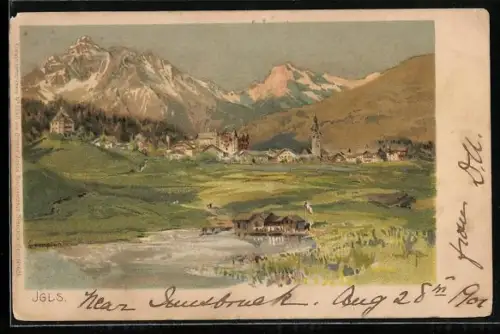 Künstler-AK Edward Theodore Compton: Igls, Gesamtansicht mit Bergpanorama