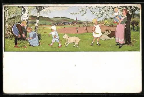 Künstler-AK Gertrud Caspari: Frühlingsluft 7 /137, Kinder auf Wiese
