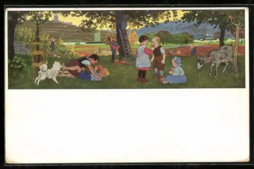 Künstler-AK Gertrud Caspari: Herbstfreude, spielende Kinder, Hund, Ziege