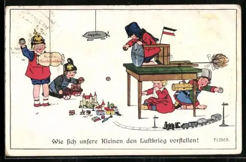 Künstler-AK Pauli Ebner: Wie sich unsere Kleinen den Luftkrieg vorstellen, Kinder