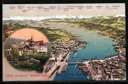 AK Zürich, Totalansicht mit See aus der Vogelschau mit Bergpanorama, Zürichberg mit Waldhaus Dolder und Bahn