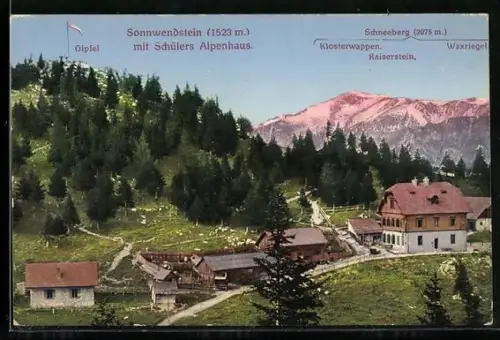 AK Schottwien, Schülers Alpenhaus am Sonnwendstein im Abendrot