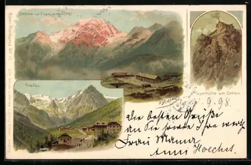 Künstler-AK H. Heubner: Trafoi, Payerhütte am Ortler, Ortler mit Franzenshöhe, Ortsansicht