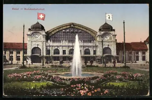 AK Basel, Bundesbahnhof mit Springbrunnen