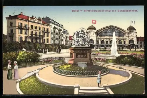 AK Basel, Strassburgerdenkmal mit dem Bundesbahnhof