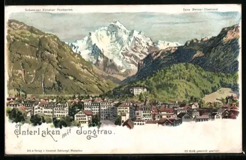 Künstler-AK C. Steinmann Nr. 2138: Interlaken, Teilansicht mit Jungfrau bei Alpenglühen