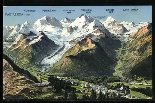 AK Pontresina, Gesamtansicht mit Alpenpanorama