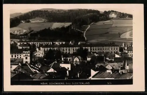 AK Mähr. Schönberg-Gau Sudetenland, Ortsansicht mit Wäldern