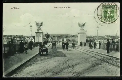 AK Basel, Wettsteinbrücke mit Engelfiguren und Karren