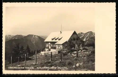 AK Waldfreunde-Hütte am Obersberg, Blick zur Berghütte am Hang mit Aussicht auf die Berge