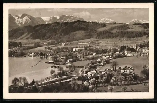 AK Ebenzweier-Altmünster /Salzkammergut, Gesamtansicht mit See und Bergpanorama