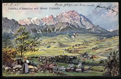 Künstler-AK Hans Treiber: Cortina d`Ampezzo, Ortsansicht mit Monte Cristallo
