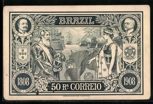 AK Brazil, 50 Correio 1808-1908, D. Carlos I. Rei de Portugal & Affonso Penna Presidente dos e u do Brazil