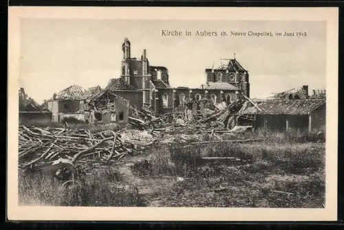 AK Aubers, Kirche im Juni 1915