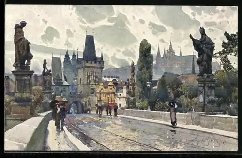 Künstler-AK Jaroslav Setelik: Prag, Auf der Karlsbrücke