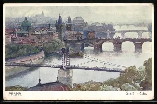 Künstler-AK Jaroslav Setelik: Prag, Altstadt aus der Vogelschau