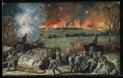 Künstler-AK W. Bürger: Reims, Beschiessung durch die Armee des Generaloberst von Einem