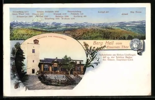 AK Schutzhaus Eisernes Tor am Hohen Lindkogel, Gasthaus mit Aussichtsturm, Bergpanorama