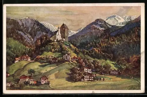 Künstler-AK Schwaz, Panorama mit Schloss Freundsberg