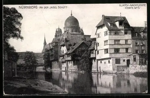 AK Nürnberg, Pegnitzpartie an der Insel Schütt, Blick zur Synagoge