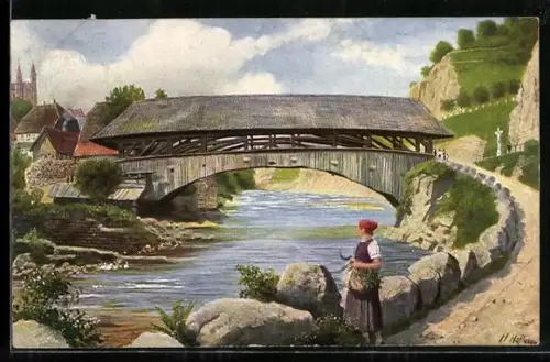 Künstler-AK Forbach /Murgtal, Alte Brücke