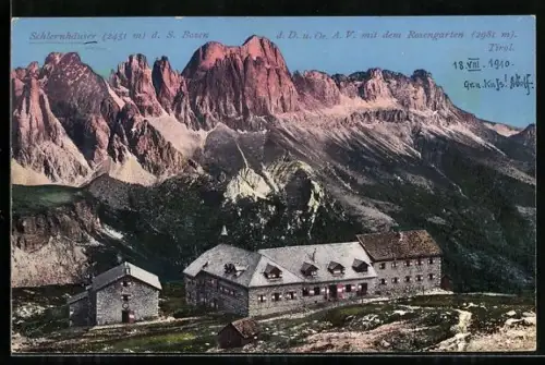 AK Schlernhaus, Berghütte mit dem Rosengarten