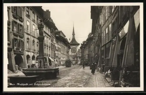 AK Bern, Marktplatz mit Zeitglockenturm und Strassenbahn